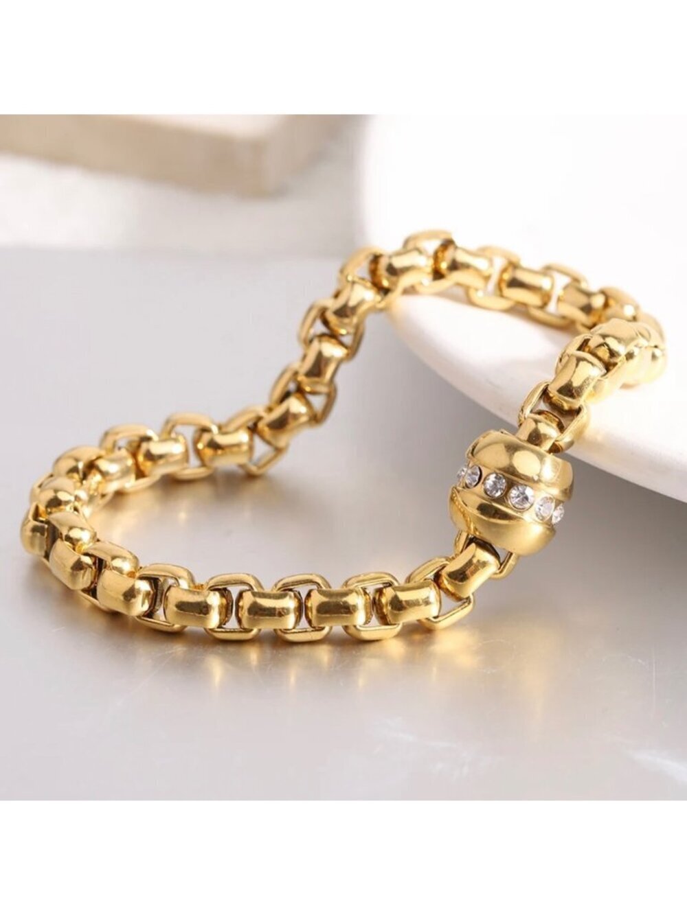 NEW Chunky Gold Bracelet 18K Plated Barrel Magnetic Clasp CZ Statement